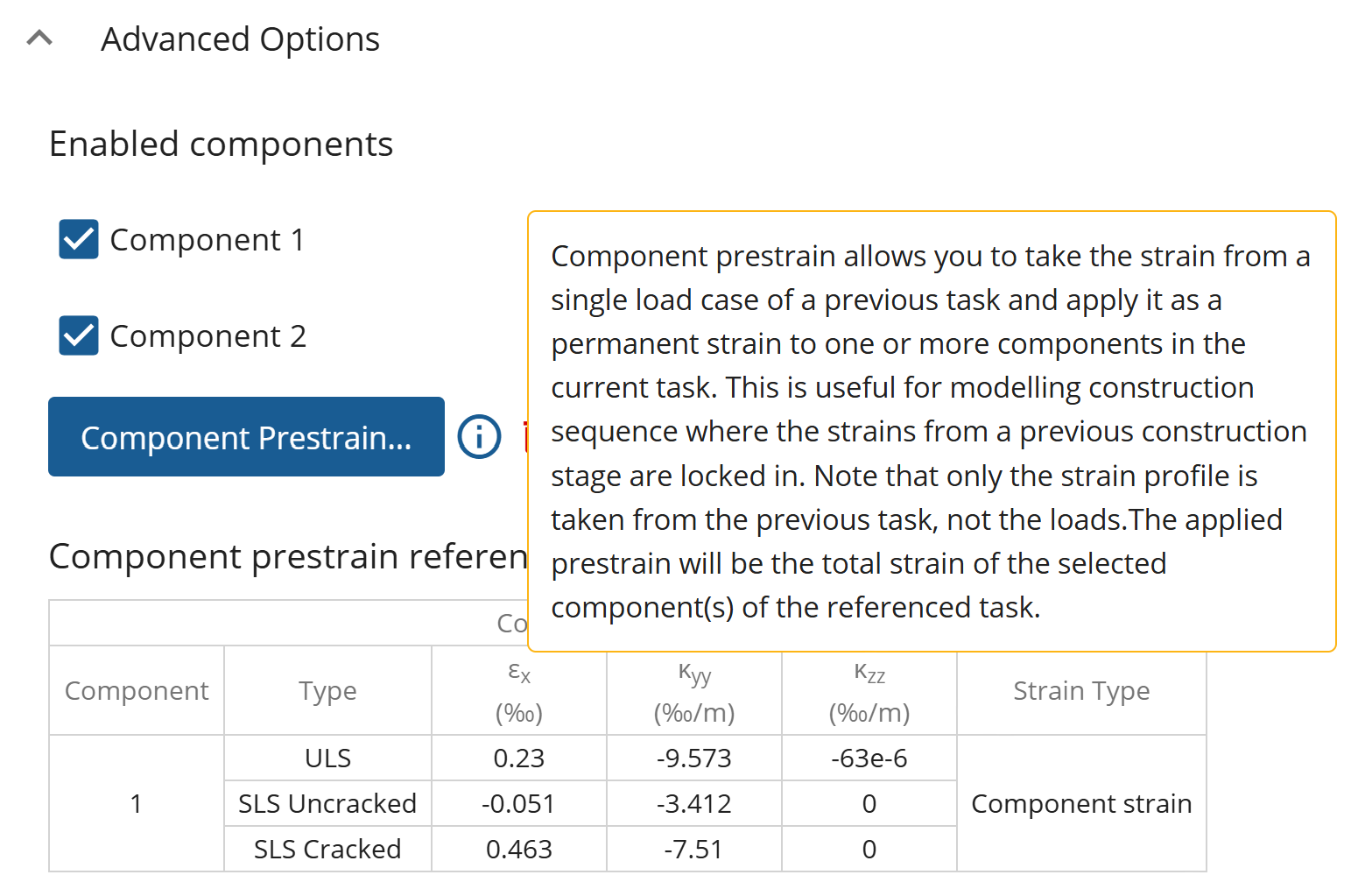 Advanced options dialogue for components selected, task 2