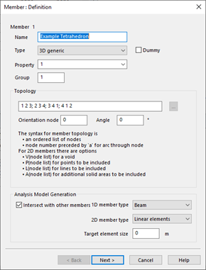 More member definition window 3D generic and topology shown.